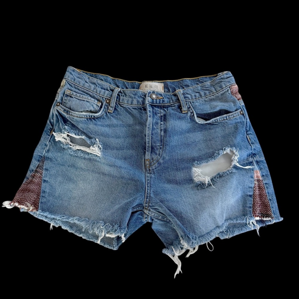 We The Free People Distressed Tapestry Denim Shorts Blue Boho Size 27